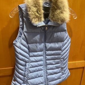 Talbots Light Blue Down Vest with detachable Faux Fur Trim
